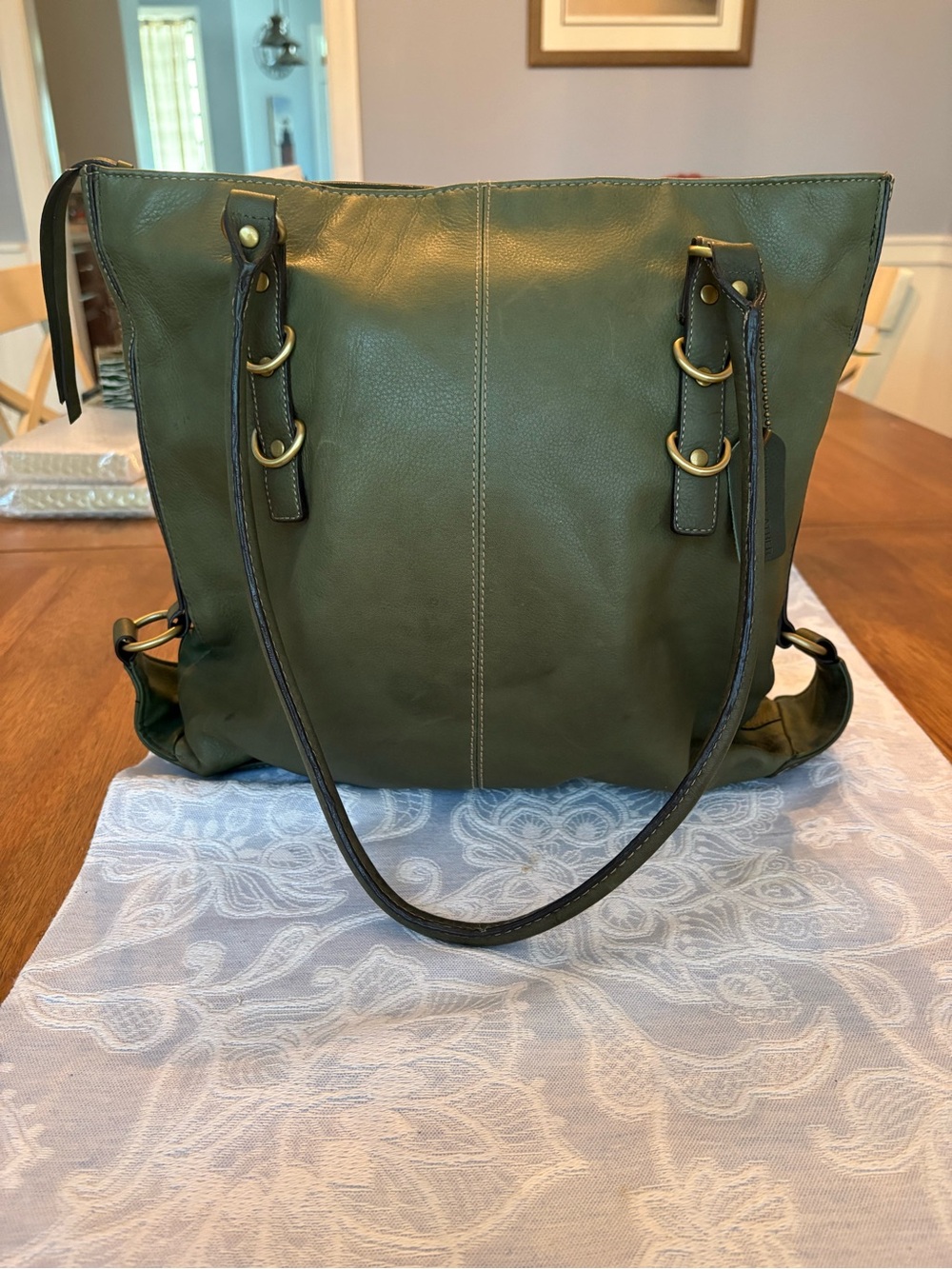 A.N.A Olive Green Leather Tote Bag